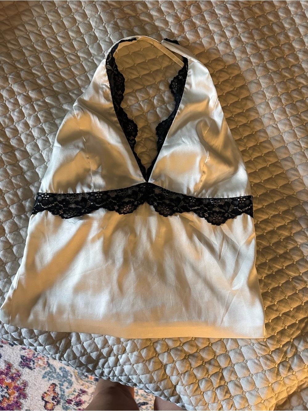Fashion Nova White Halter Satin Chemise with Black Lace